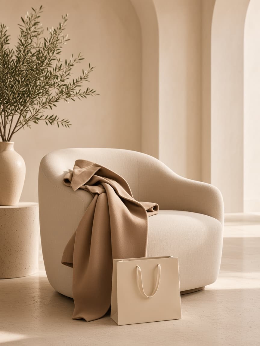 A camel coat draped over a cream armchair beside a shopping bag in a sunlit interior.